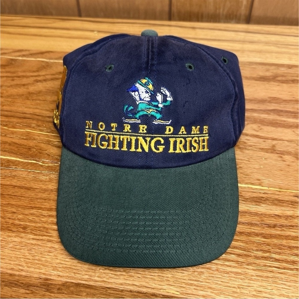 Vintage Notre Dame Fighting Irish Hat Navy Green Strapback Leprechaun Logo Cap